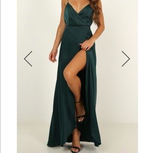 Emerald Satin Wrap Dress